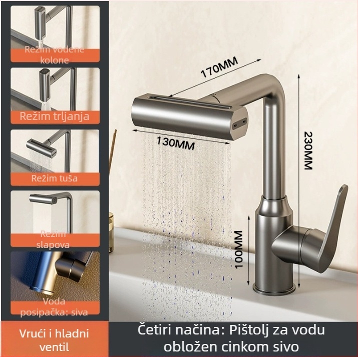 Kran za umivaonik s vodopadom, nehrđajući čelik, miješanje, postavljanje na ploču, keramički disk ventil, 0–90°C