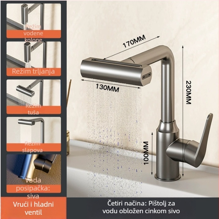 Kran za umivaonik s vodopadom, nehrđajući čelik, miješanje, postavljanje na ploču, keramički disk ventil, 0–90°C