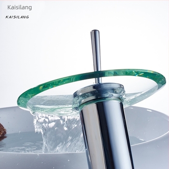 Bakreni vodopadni miješajući slavina za umivaonik sa staklenim vrhom, jednofunkcijski otvor, keramički ventil, модел KSL-1010, 0–85°C, 1–10 bar