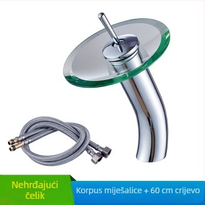 Bakreni vodopadni miješajući slavina za umivaonik sa staklenim vrhom, jednofunkcijski otvor, keramički ventil, модел KSL-1010, 0–85°C, 1–10 bar