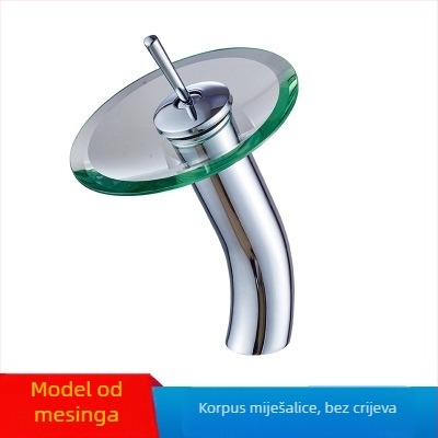 Bakreni vodopadni miješajući slavina za umivaonik sa staklenim vrhom, jednofunkcijski otvor, keramički ventil, модел KSL-1010, 0–85°C, 1–10 bar