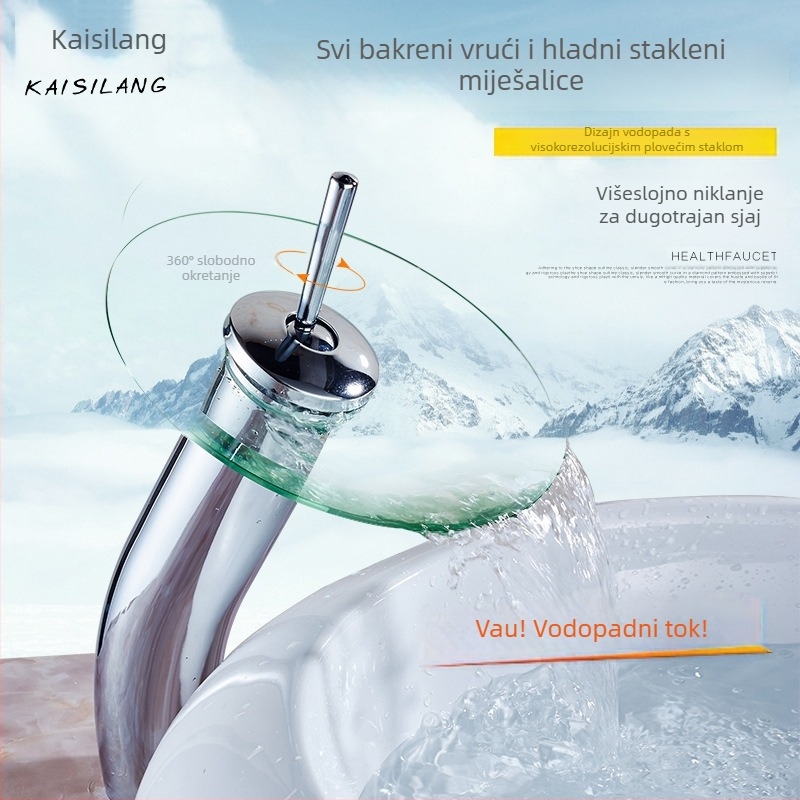 Bakreni vodopadni miješajući slavina za umivaonik sa staklenim vrhom, jednofunkcijski otvor, keramički ventil, модел KSL-1010, 0–85°C, 1–10 bar