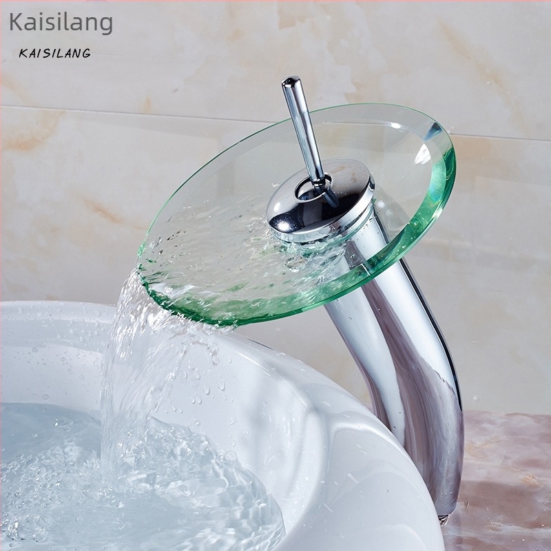 Bakreni vodopadni miješajući slavina za umivaonik sa staklenim vrhom, jednofunkcijski otvor, keramički ventil, модел KSL-1010, 0–85°C, 1–10 bar