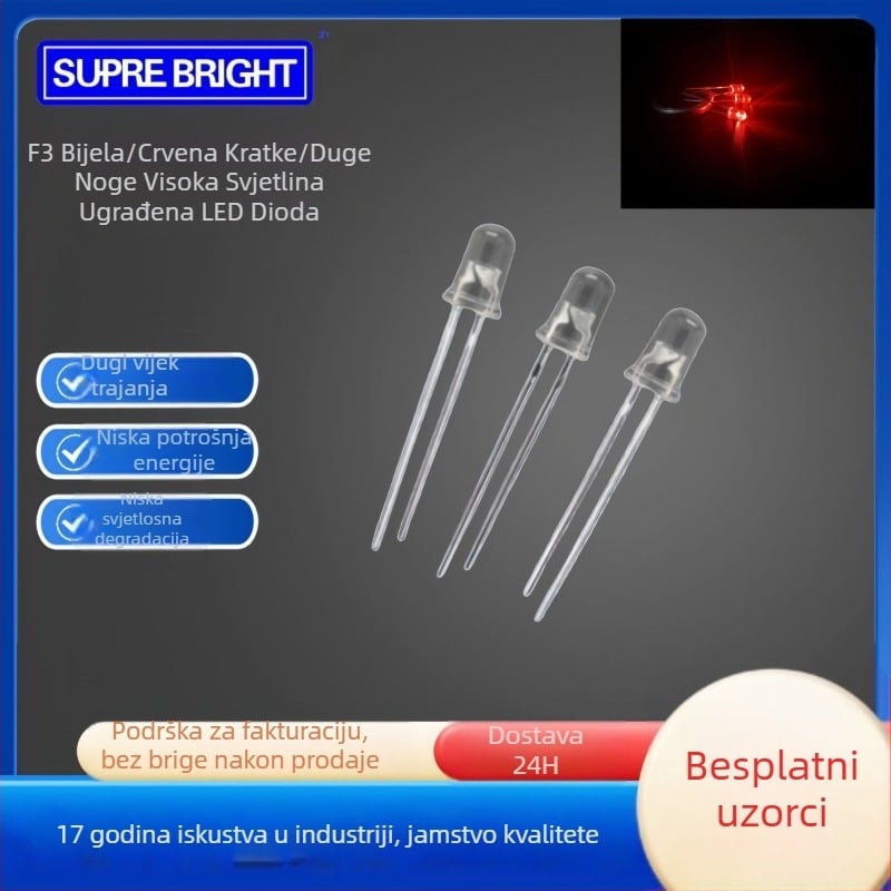 F3 LED kuglice – visoka svjetlina, 20 mA pri 1.8–2.2 V, 0.06 W, San'an čip, 30° kut snopa