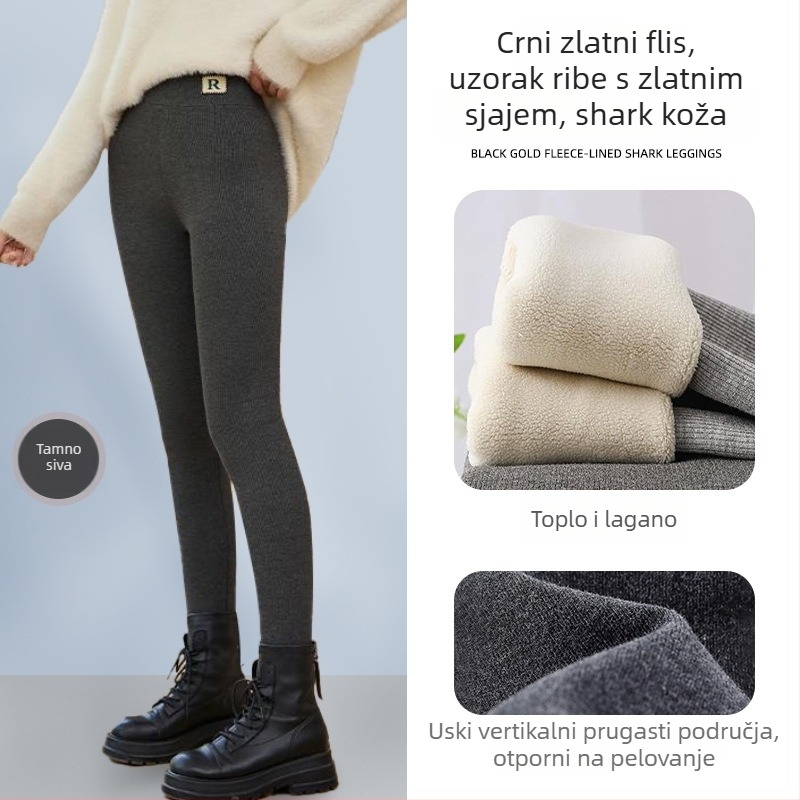 Ženske tajice od flisa s fleec pamušom, ekstra debele, s vertikalnim prugama od pamuka, visokim strukom, tople i udobne, pogodne za nošenje kao vanjska odjeća, duljina do gležnja