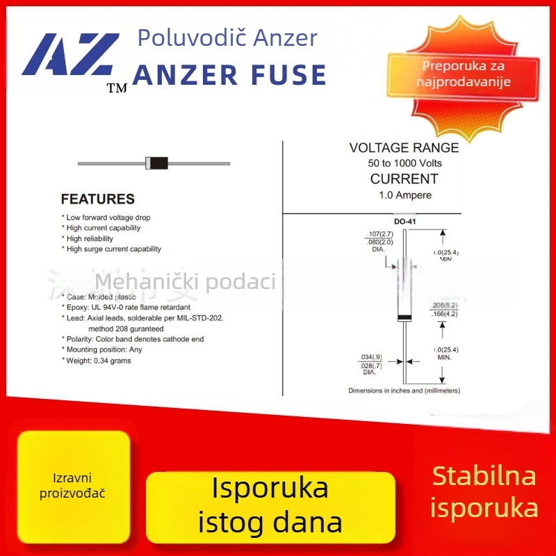Dioda 1N4007M71A1000Vdo-41 Plug-In ispravna dioda, brz oporavak, silicijski ispravljač