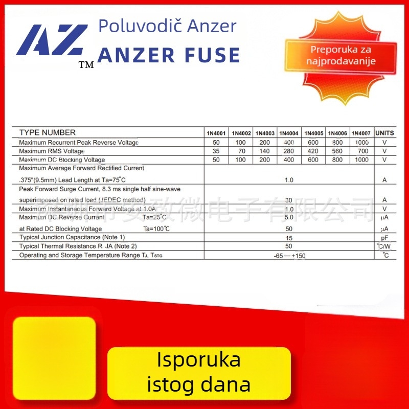 Dioda 1N4007M71A1000Vdo-41 Plug-In ispravna dioda, brz oporavak, silicijski ispravljač