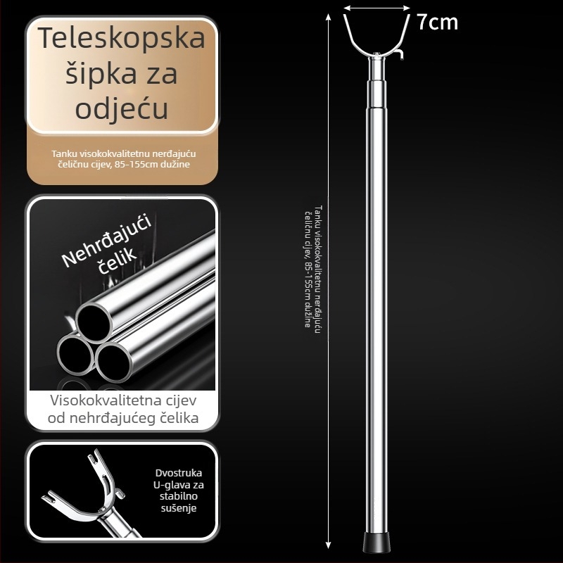 Izvlačna nerđajućeg čelika šipka za sušenje rublja s viličastom glavom za balkon – moderni minimalistički dizajn