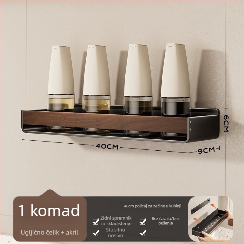 Bathboer Višefunkcionalni stalak za začine, karbonska čelika i akril, zidna montaža, bez bušenja, jednostavan i moderan stil
