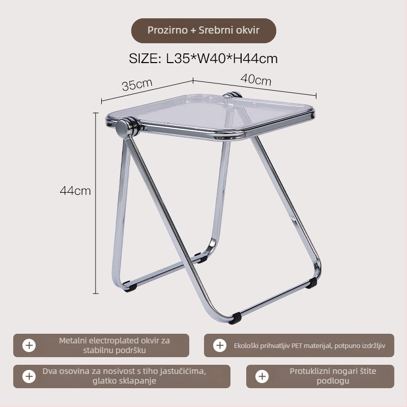 Sklopivi prozirni akrilni bočni stol s metalnim okvirom, četvrtastih kutova