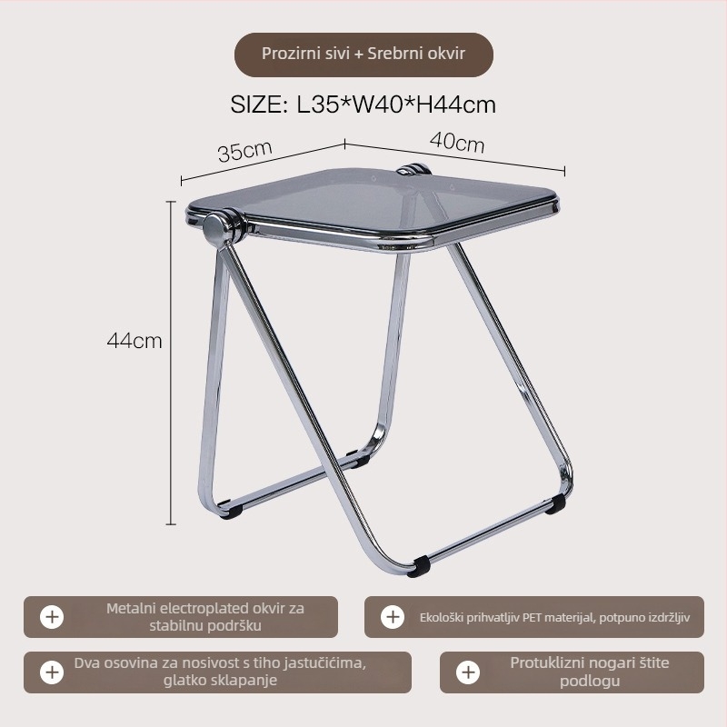 Sklopivi prozirni akrilni bočni stol s metalnim okvirom, četvrtastih kutova