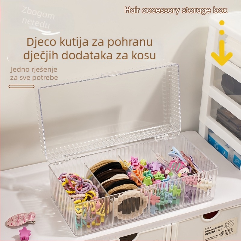 Hangge akril kutija za pohranu dodataka za kosu, prozirna kutija s četiri pretinca i poklopcem, otporna na prašinu, podijeljeni unutarnji prostor, kapacitet 2 L