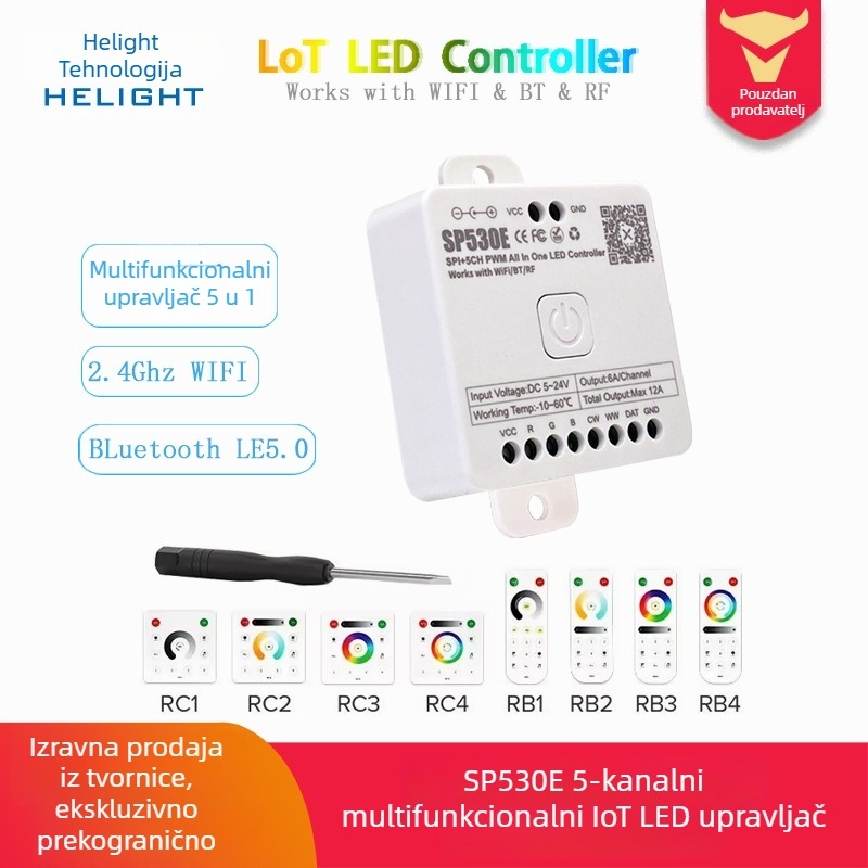 SP530E IoT LED kontroler s dvostrukim načinom glavnog čipa (Model SP530E, Marka HELIGHT, Nominalni napon DC5-24V, Način upravljanja Bluetooth aplikacijom i daljinskim upravljačem, Domet upravljanja 10-20 m)