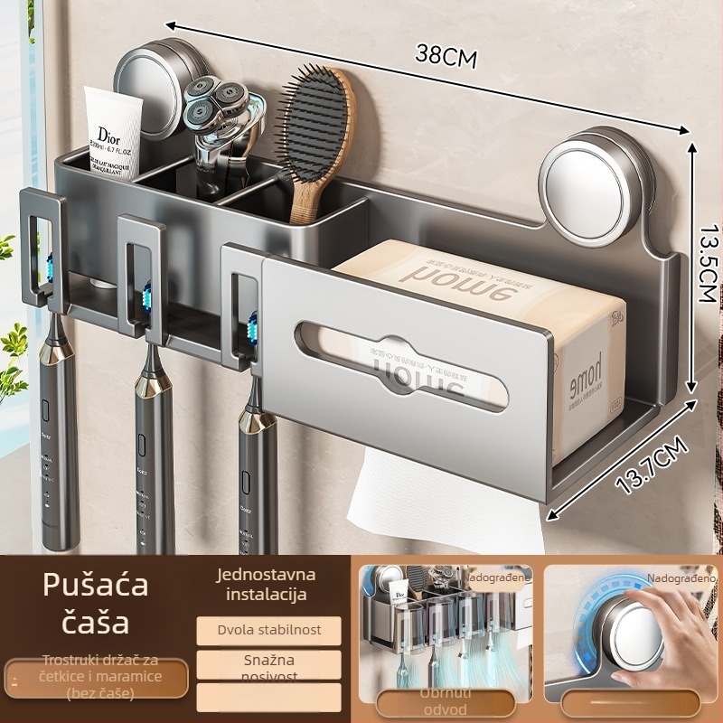 Držač za četkice za zube i posudu za ispiranje usta, zidni, dvodijelni set (Brand Baihan, Materijal Space Aluminum, Premaz: Sprejni Plast, Stil: Moderna Jednostavnost)