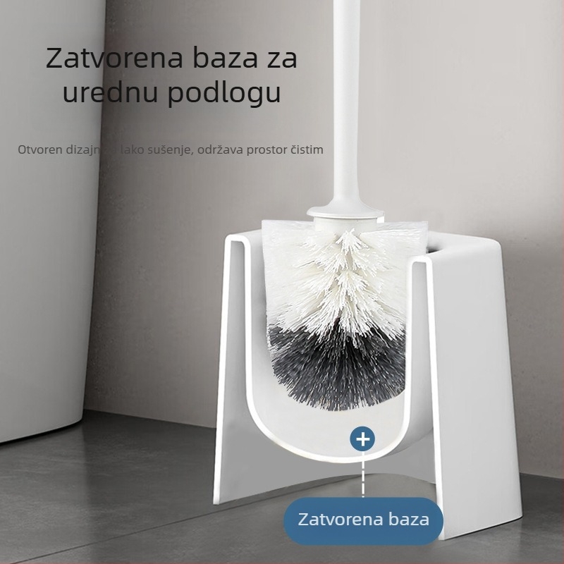 Četka za zahod s mekanim čekinjama, okrugla glava, zidna montaža s zaštitom od prskanja, duga drška, s postoljem, od plastike