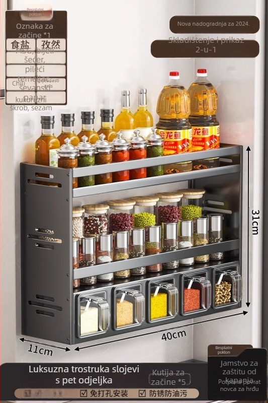 Stalak za začinske bilje, aluminij, zidni, bez bušenja, višenamjenski kuhinjski organizator