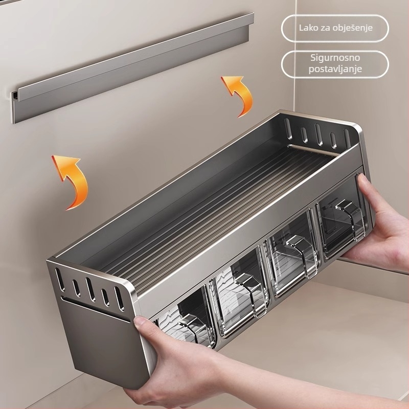 Stalak za začinske bilje, aluminij, zidni, bez bušenja, višenamjenski kuhinjski organizator
