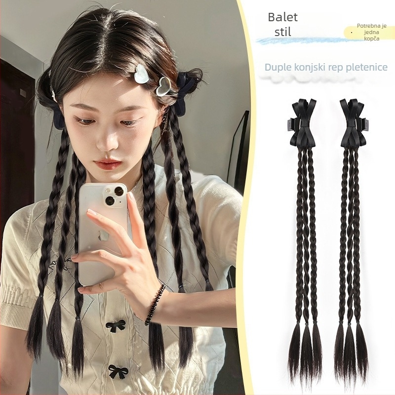 Perika s ponytail pletenicom i vrpcom – ručno izrađeno, žica otporna na visoke temperature, dvostruka pletenica, baletni stil