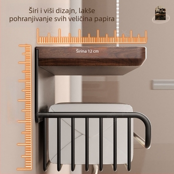 Kutija za toaletni papir od orahovog drveta, zidna montaža bez bušenja, aluminijski okvir, kvadratni oblik, završna obrada voskom
