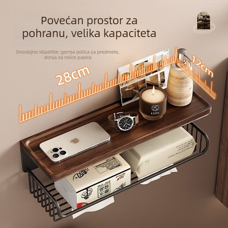 Kutija za toaletni papir od orahovog drveta, zidna montaža bez bušenja, aluminijski okvir, kvadratni oblik, završna obrada voskom