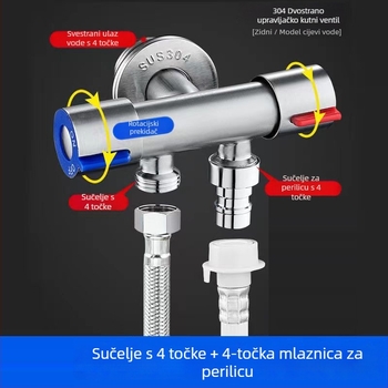 Trostruki kutni ventil, jedan ulaz, dva izlaza; tijelo od nehrđajućeg čelika; unutarnji promjer 20 mm; radni tlak 1 MPa; pogodan za kupaonicu i zahod
