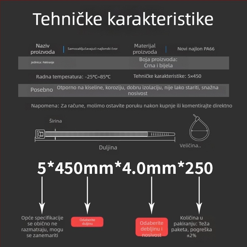 Najlonska kabelska stega s automatskim zaključavanjem, CHCC, PA66, debljina 1,1 mm, porijeklo Zhejiang