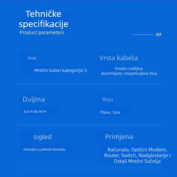 Cat5 Ethernet kabel, unutarnja/ vanjska uporaba, RJ-45 priključak, uvijeni parovi, aluminijsko-magnézijski vodnik, za računala i preklopnike