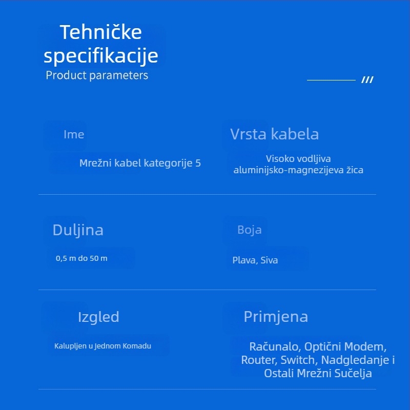 Cat5 Ethernet kabel, unutarnja/ vanjska uporaba, RJ-45 priključak, uvijeni parovi, aluminijsko-magnézijski vodnik, za računala i preklopnike