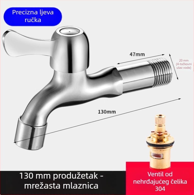 Slavina za perilicu rublja od nehrđajućeg čelika 304, zidna montaža, brzo otvaranje, keramički disk ventil, promjer sjedišta 20 mm