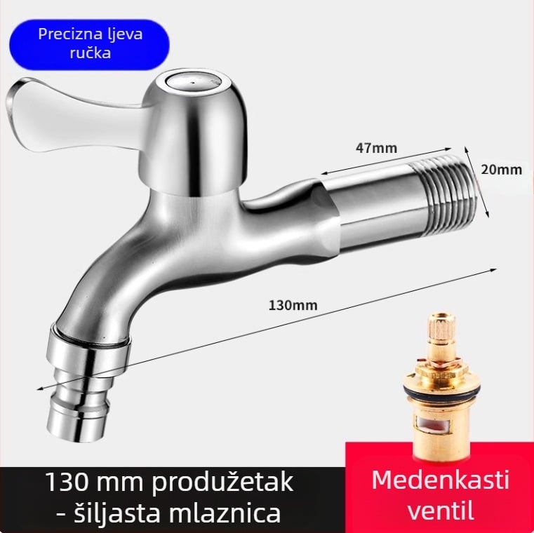 Slavina za perilicu rublja od nehrđajućeg čelika 304, zidna montaža, brzo otvaranje, keramički disk ventil, promjer sjedišta 20 mm