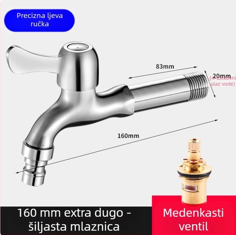 Slavina za perilicu rublja od nehrđajućeg čelika 304, zidna montaža, brzo otvaranje, keramički disk ventil, promjer sjedišta 20 mm