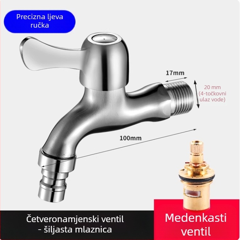 Slavina za perilicu rublja od nehrđajućeg čelika 304, zidna montaža, brzo otvaranje, keramički disk ventil, promjer sjedišta 20 mm