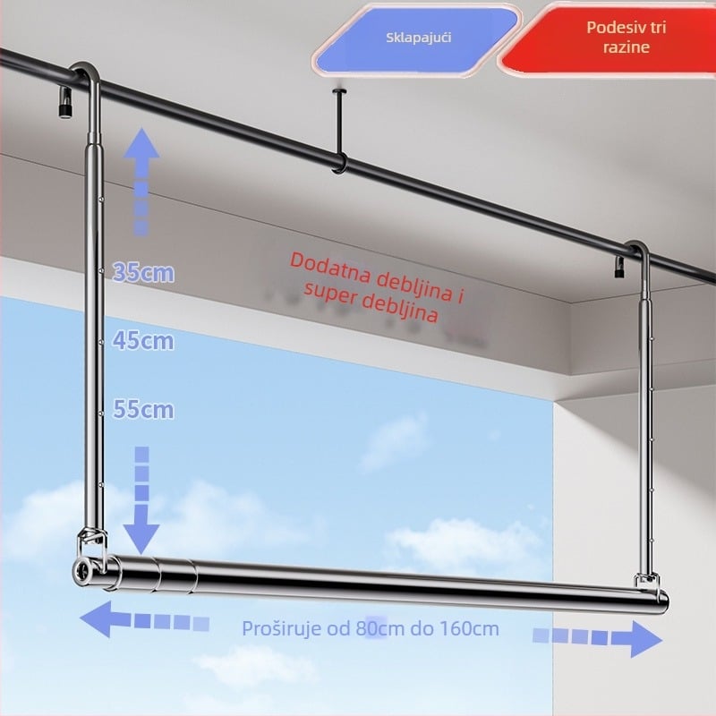 Pochile Balkonska teleskopska sušilica za odjeću od nehrđajućeg čelika, bez bušenja, sklopiva, za pokrivače i posteljinu