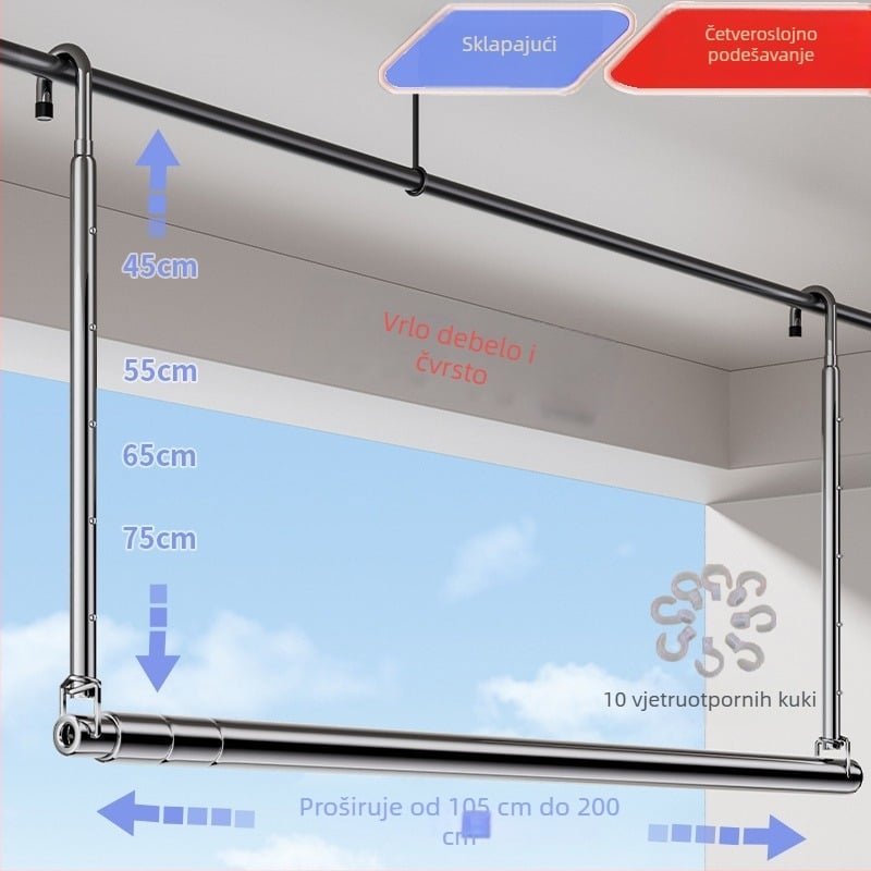 Pochile Balkonska teleskopska sušilica za odjeću od nehrđajućeg čelika, bez bušenja, sklopiva, za pokrivače i posteljinu