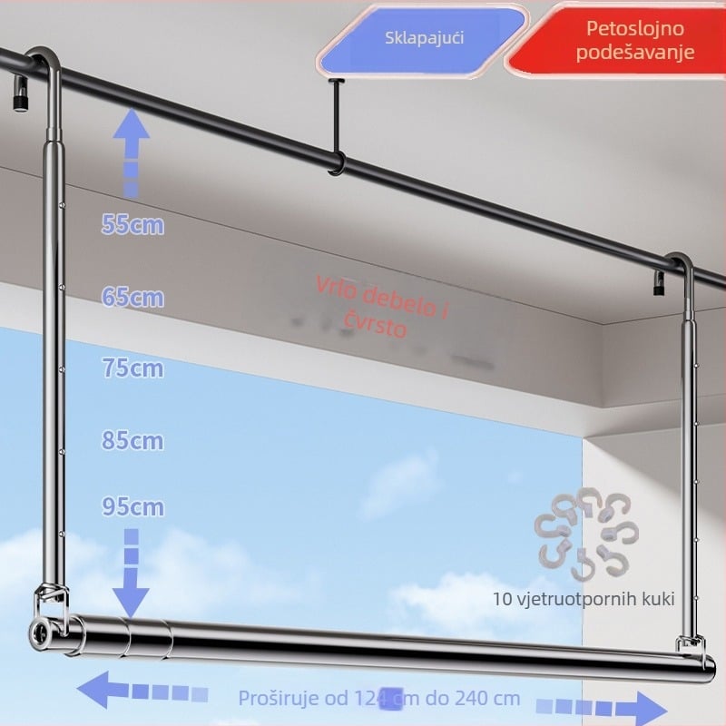 Pochile Balkonska teleskopska sušilica za odjeću od nehrđajućeg čelika, bez bušenja, sklopiva, za pokrivače i posteljinu