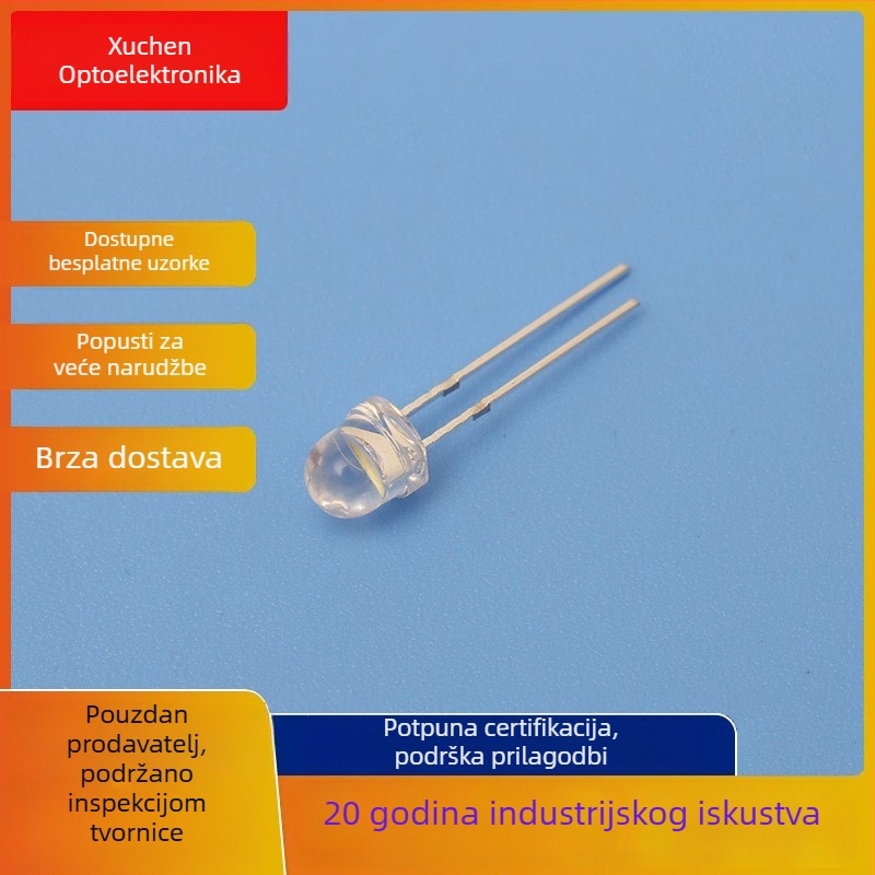 LED perle 5 mm, model F5, direktna montaža, 2,8–3,2 V, 20 mA, 0,2 W, 60° snop, svjetlosni tok 7–8 lm