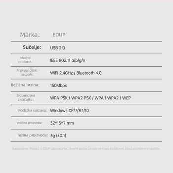 EDUP EP-N8568 USB Bežična mrežna kartica Bluetooth adapter - 2.4 GHz, 150 Mbps, IEEE 802.11b/g/n