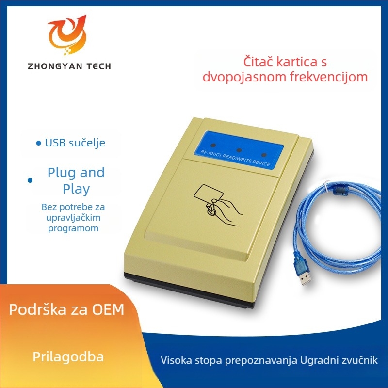 IDIC USB stolni čitač kartica za kontrolu pristupa – bežični bezkontaktni čitač, ID/IC, 125 kHz/13,56 MHz, domet 2–5 cm, vrijeme čitanja 0,2 s, model ZY-T302