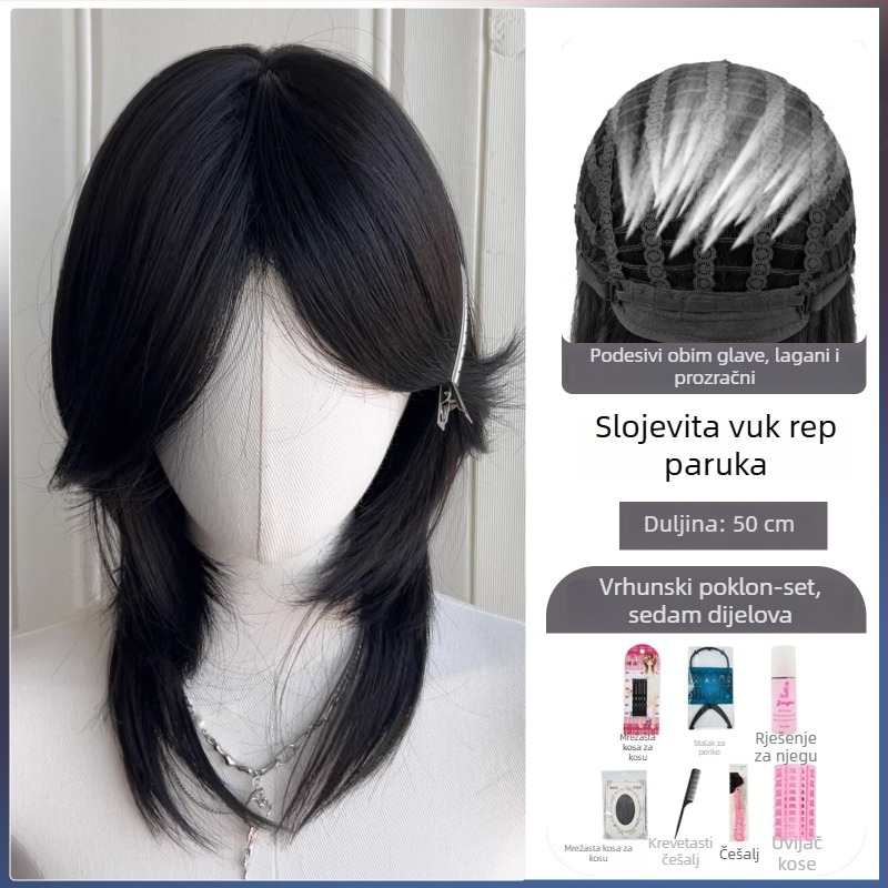 Perika mulleta s repom vuka, unisex, potpuno pokrivanje glave, vlakna otporna na toplinu, dugi bangs