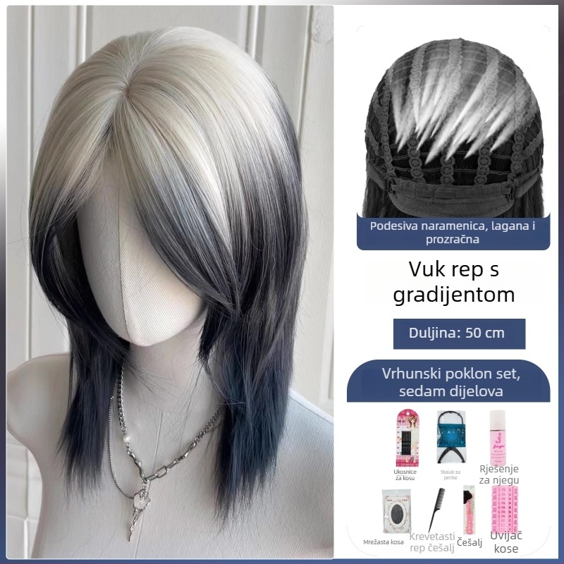 Perika mulleta s repom vuka, unisex, potpuno pokrivanje glave, vlakna otporna na toplinu, dugi bangs