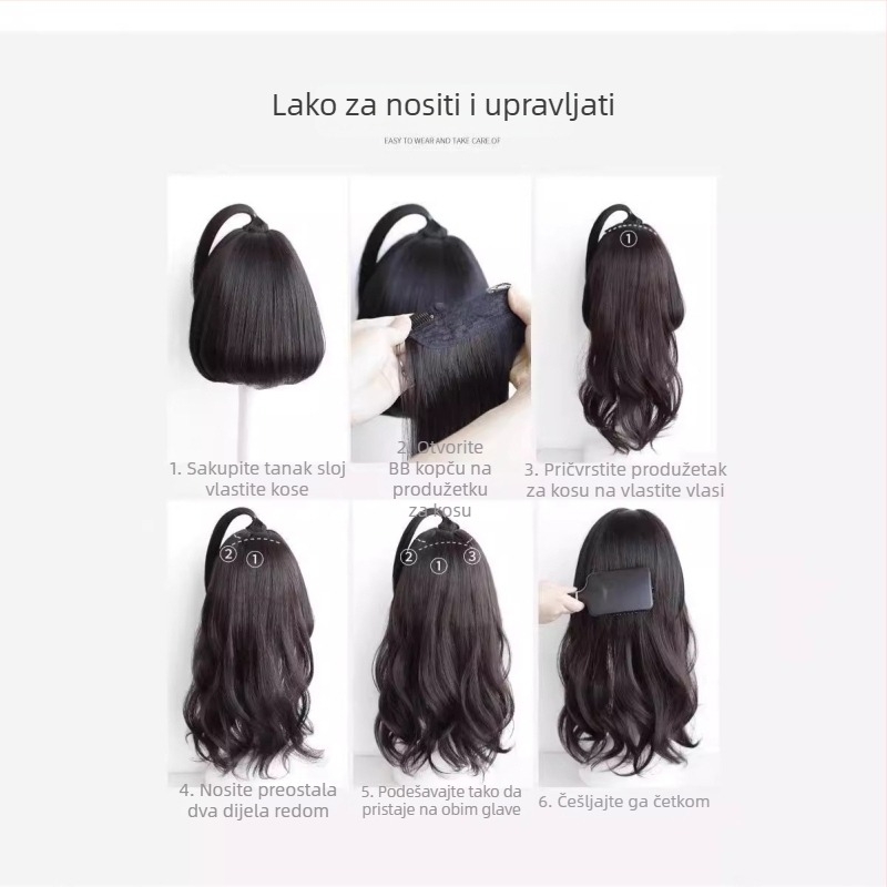 Perika s tri dijela mikro valova, nevidljiva kapa, duga kosa s volumenom, duljina 50–60 cm, vlakna otporna na toplinu, nije bojena