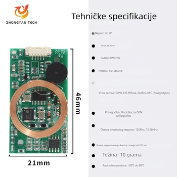 RFID modul za čitanje kartica s dvostrukom frekvencijom ZY-RFM411, 125kHz+13.56MHz, sučelja RS232/TTL/USB, ISO14443A/B, domet očitavanja 2-5, model ZY-RFM411