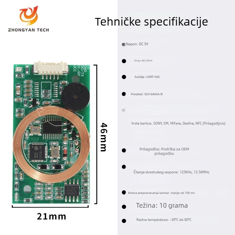 RFID modul za čitanje kartica s dvostrukom frekvencijom ZY-RFM411, 125kHz+13.56MHz, sučelja RS232/TTL/USB, ISO14443A/B, domet očitavanja 2-5, model ZY-RFM411