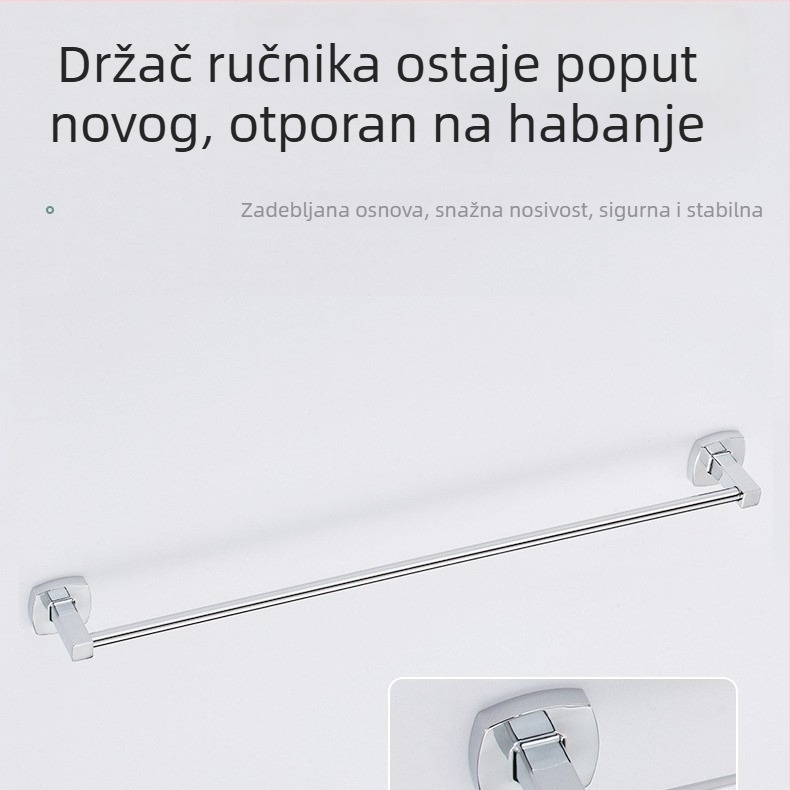 Set kupaonskih dodataka od cinkove legure s elektropliranjem — šest dijelova: držač ručnika, držač toaletnog papira, mrežica za sapun; moderan minimalistički stil