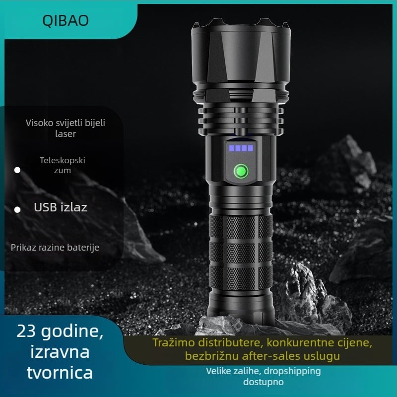 Laserska svjetiljka s prikazom snage, USB-C brzo punjenje, 20W, vodootporna (baterija 18650, domet 100–200 m)