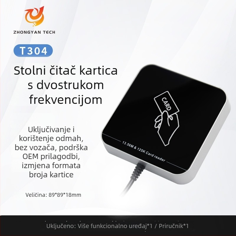 ZY-T304 USB bežični RFID čitač za pristup, dvostruka frekvencija (125 kHz + 13,56 MHz), ID/IC kartice, domet čitanja 2-5 cm, vrijeme čitanja 0,2 s