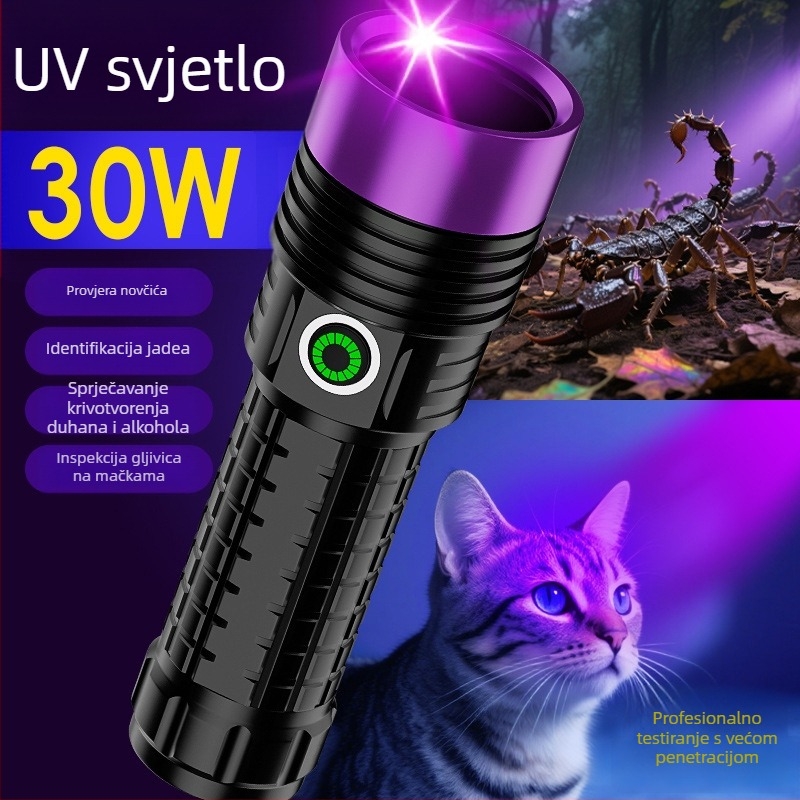 UV svjetiljka visoke snage s ljubičastim svjetlom za identifikaciju nefrita i fluorescenciju protiv krivotvorenja; provjera duhana i alkohola; višefunkcionalna (Materijal: aluminijska legura; Ugrađena visoko kapacitivna litijska baterija; Izvor svjetla: LE