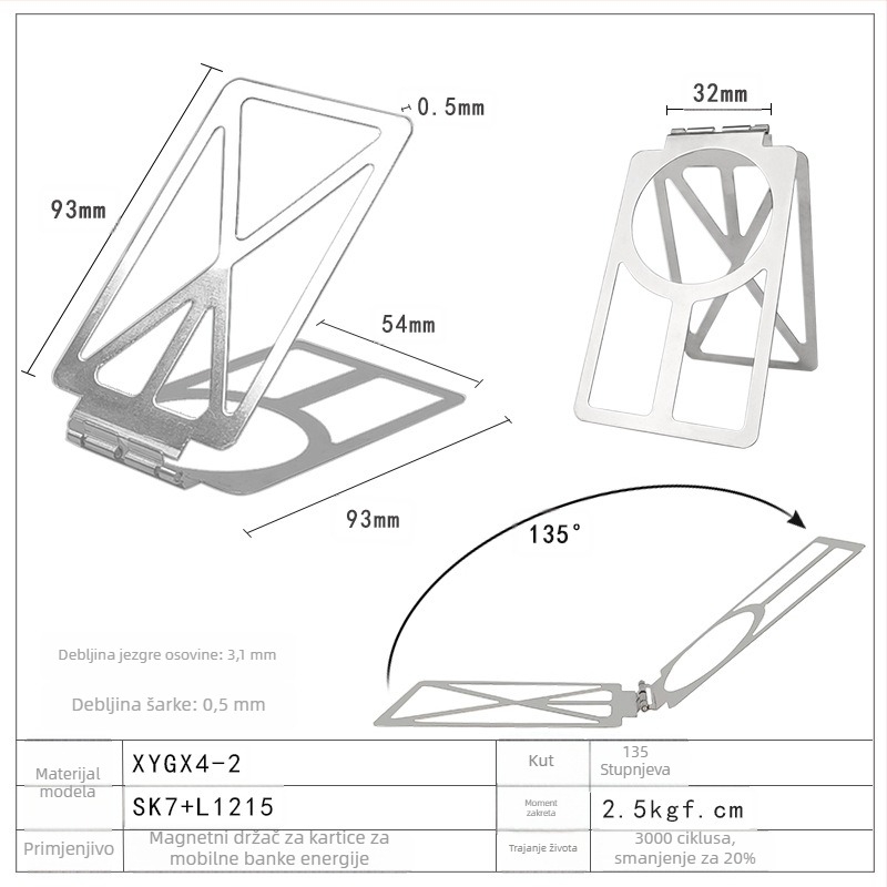 Držač magnetske kartice za mobitel s dampirajućim šarnirima i 170° rotirajućim šarnirima, nosač za Power Bank