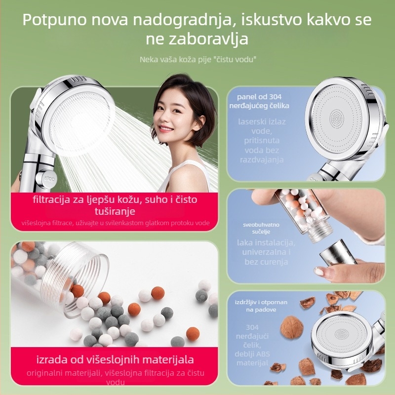 Pritisnuta filtrirana tuš glava, ABS tijelo, filtracija uz dekloriranje i negativne ione, tri načina protoka, 0–99°C radna temperatura