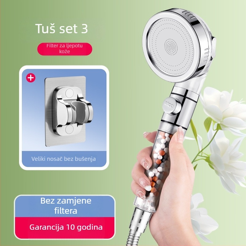 Pritisnuta filtrirana tuš glava, ABS tijelo, filtracija uz dekloriranje i negativne ione, tri načina protoka, 0–99°C radna temperatura